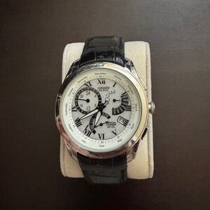 Citizen Eco- Drive Silver Watch with Genuine Black Leather Strap